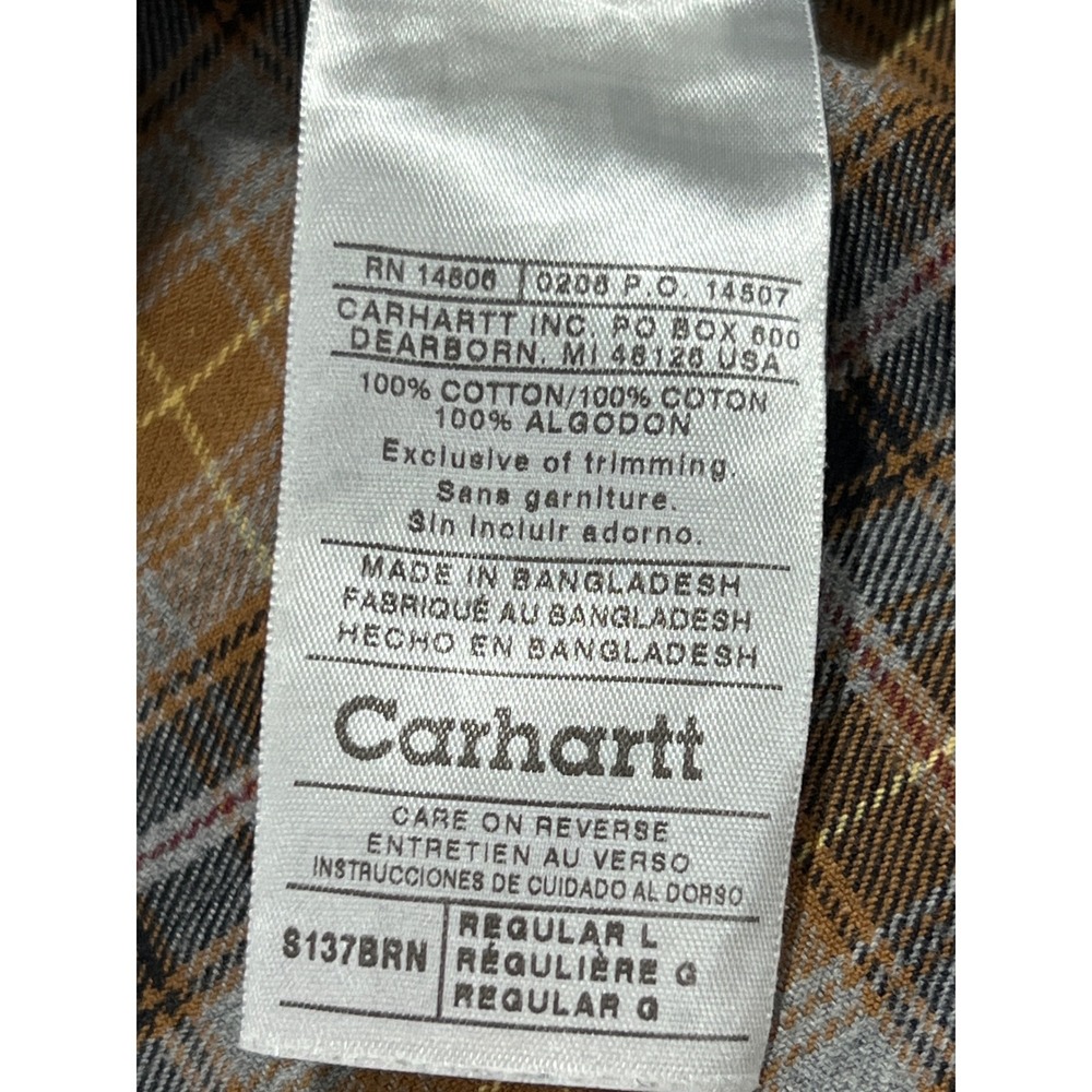 Carhartt Plaid Flannel Button Down Mens Large Brown Long Sleeve Work Shirt F06 - Picture 5 of 12